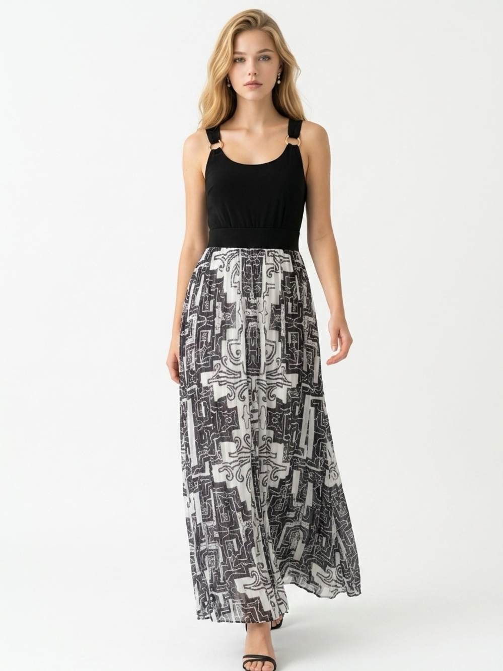 Anthropologie Black & White Printed Maxi Dress